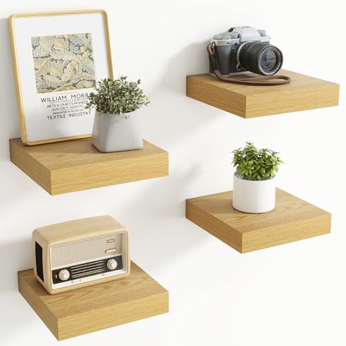 Axeman Square Floating Shelves for Wall, 8" W x 8" D x 1.4" H Rustic Wooden Wall Shelves, 4 Pack Wall Mounted Floating Shelf with Invisible Brackets for Living Room, Bathroom, Kitchen, Oak Color - color: Oak, size: 8 Inch, Set of 4