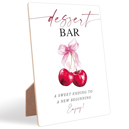 Cherry Wedding Signs for Reception, Pink Bow Dessert Bar Sign, Berry Wooden Wedding Signs with Stand, Pink Bow Theme Bridal Shower Decorations, Bridal Shower Party Supplies for Reception, 06 - color: Cheery06