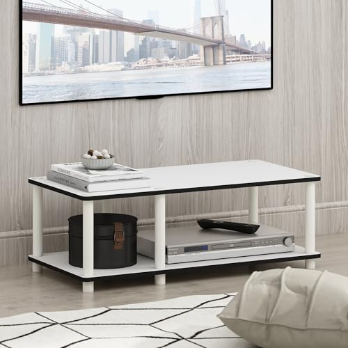Furinno JUST TV Stand, 2-Tier No Tools Mid Entertainment Center with Open Shelf, TV Console for TV up to 46 Inch with Tubes, for Living Room, Bedroom, White - color: White/White, size: Mid 31.5"(W)x10.9"(H)x15.6"(D)