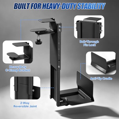 TooCust Adjustable Under Desk PC Mount, Heavy Duty No Drilling Clamp Mount on Desk Fits Most PC Tower 14.5”-22.4” (H) , Thickened & Ultra Strong CPU Holder for Standing Desk & Home Office, Black - color: Black
