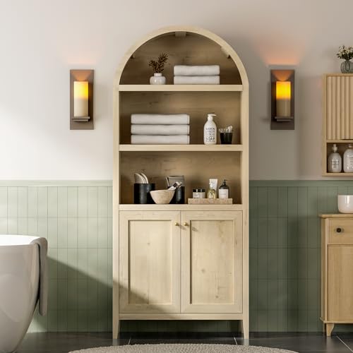 EYYTHUNG 71" Tall Arched Cabinet, 5-Tier Arched Bookcase Storage Display Cabinet with Doors and Shelves, Modern Farmhouse Bookshelf Kitchen Pantry Cabinet for Living Room Bedroom, Light Oak - color: Light Oak