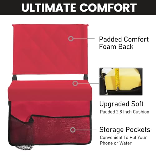 Sheenive Red Stadium Seats for Bleachers with Back Support, Padded Soft Comfy Backs and Cushion, Extremely Large and Portable - color: Red