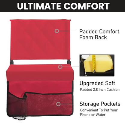 Sheenive Red Stadium Seats for Bleachers with Back Support, Padded Soft Comfy Backs and Cushion, Extremely Large and Portable - color: Red