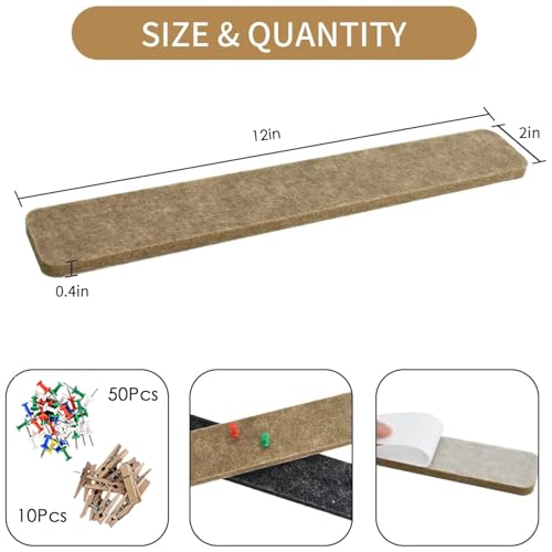 Vuzvuv 8 pcs Bulletin Board Bar Strips with 50 Pushpins & 10 Wooden Clip pins，Self Adhesive Cork Board for Wall，Felt Pin Board for School，Office Decor(Black Brown Gray) - color: Black Brown Gray