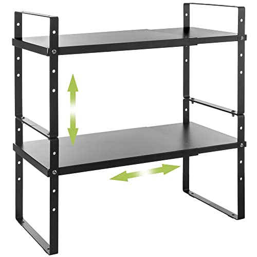 Across-Star Expandable Cabinet Shelf Organizer Rack, Stackable Kitchen Countertop Organizer Storage Shelves, Adjustable Height Pantry Counter Shelf Riser Spice Rack (Black, 2 Pack) - color: Black-2 Pack, size: 8.7''D*15.7-25.6''W*9.8''H