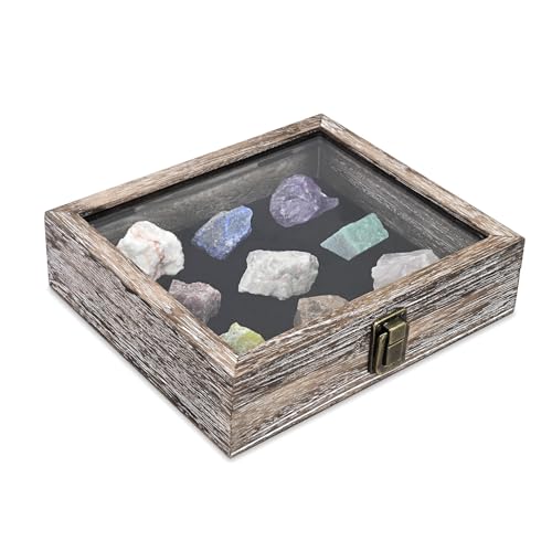 MOOCA Tempered-Glass Top Small Wooden Jewelry Display Case with Removable Black Luxurious Velvet Jewelry Display Pad, Deeper 2.2" Design for Collectibles, Coffee Color. - color: Coffee With Velvet Pad