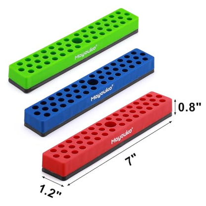 Mayouko 3PCS 1/4" Magnetic Hex Bit Holder Rack Organizer, 129 Holes, 1/4-Inch Drill Bit Holder, 3 Racks, Magnetic Bit Holder with Magnet Base for Screwdriver Bits - color: Red,blue,green