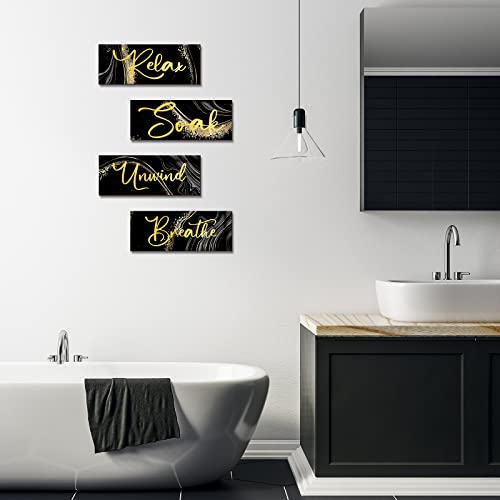 Yulejo 4 Pcs Black and Gold Bathroom Decor Black Gold Wall Decor Relax Soak Unwind Breathe Wall Art Wooden Sign Rustic Marble Bathroom Accessories for Women Living Room Bedroom Home Laundry (10 x 4)