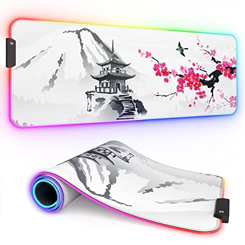 ITNRSIIET RGB Gaming Mouse Pad, Full Desk XL Extended Large Gaming Mousepad, 12 Lighting Modes 30% Thicker Big LED Desk Mat for Gamers, 32 x 12 inches, Japanese Mount Fuji Sakura - color: Japanese Mount Fuji