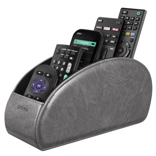 SITHON Remote Control Holder with 5 Compartments - PU Leather Remote Caddy Desktop Organizer Store TV, DVD, Blu-Ray, Media Player, Heater Controllers, Dark Gray - color: Dark Gray, size: Small