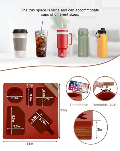 Couch Cup Holder Tray, Silicone Wooden Couch Caddy with Cup Holder for Snacks, Drinks, Remotes, Waterproof Cup Holder for Couch, Organizer, Couch Drink Holder, (red) - color: F-red