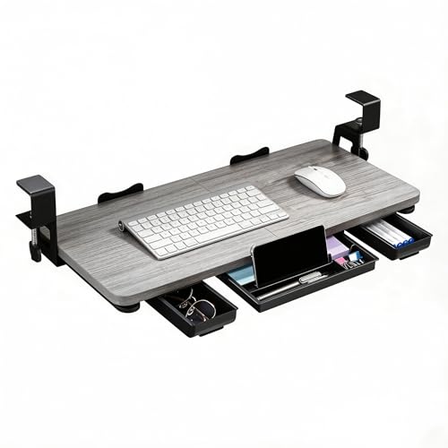 Keyboard Tray Under Desk with Drawer,26.77" X 11.81" Keyboard Tray Large Size with C Clamp-on Mount, Easy to Install, Save Space for Office Desk (Grey) - color: Grey