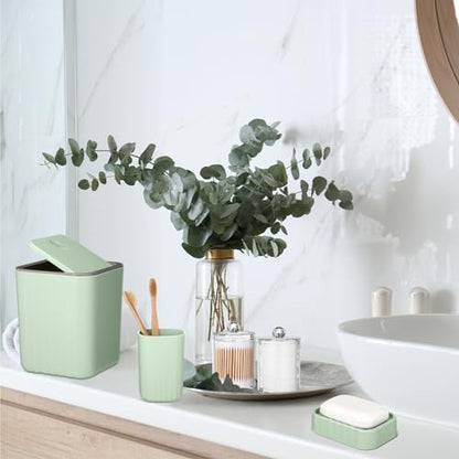 Hosuly 9 Pcs Bathroom Accessory Set Shower Curtain and 12 Hooks Table Trash Can Soap Dispenser Soap Dish Non Slip Bathroom Rugs Cup and Cotton Swab Holder Complete for Bathroom Decor (Sage Green) - size: Sage Green