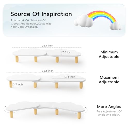 AFOOYO Dual Monitor Stand Riser,Rainbow Cloud Desktop Computer Stand for 2 Monitors,Adjustable Length and Angle Multifunctional Desktop Organizer Stand for Laptop, PC, Computer, Printer,White