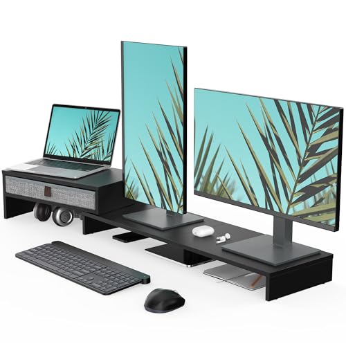 Fenge Computer Monitor Riser Stand with Drawer for 2 or 3 Monitors ,Adjustable Length and Angle Desktop Laptop Stand,Office Organizer,Printer,Black - color: Black