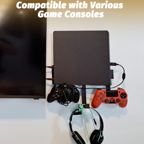 Wall Mount Compatible for PS4 Slim,Near or Behind TV, Space Saving,Metal PS4 Slim Wall Mount Bracket with Detachable 2 Controller Holder and Headphone Hanger