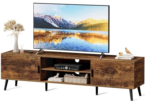 SUPERJARE TV Stand for 55, 65 Inch TV, 63 Inch Entertainment Center with Adjustable Shelf, 2 Cabinets, TV Console Table, Media Console, Solid Wood Feet, 4 Cord Holes, for Living Room, Rustic Brown - color: Rustic Brown, size: 63"
