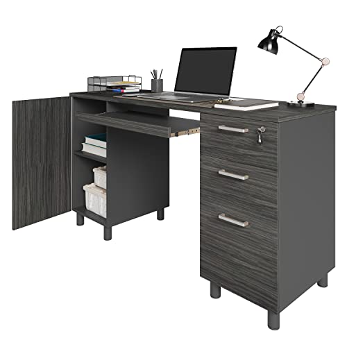 Modern Design Venice Computer Desk with Lockable Drawers, 53 Inch Home Office Desk with Storage Cabinet, Keyboard Tray & Cable Management, Modern Study Writing Desk for Small Spaces, Black and Grey - color: Black Grey