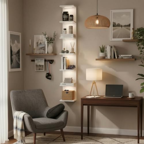 7 Tier Wall Shelves with Led Light, Lack Wall Shelf Unit, Vertical Shelf with Remonte Control,White Shelves - color: 7 Tier White