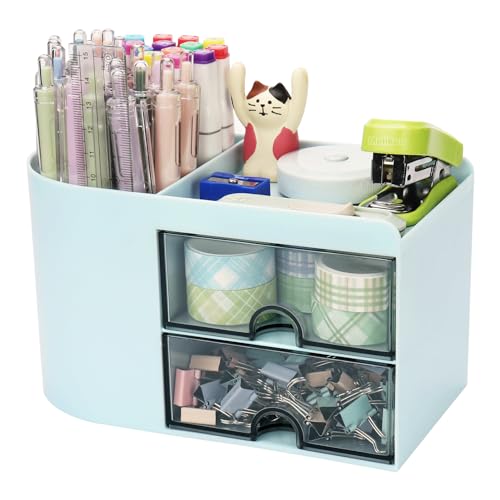 Meiikun Desk Organizer with Drawer, Pen Organizer for Desk, Small Pencil Holder, Desk Organizers and Accessories for Office Home Storage (2 Drawers+4 Compartments, Blue) - color: 4 Compartments + 2 Drawer (Blue)