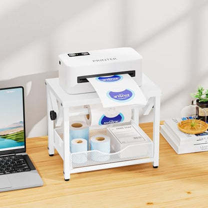 Marbrasse Label Holder for Rolls and Fanfold Labels, Metal Thermal Label Printer Holder with Drawer, Shipping Label Stand, Sticker Roll Holder for Home, Office, Small Business,White - color: White