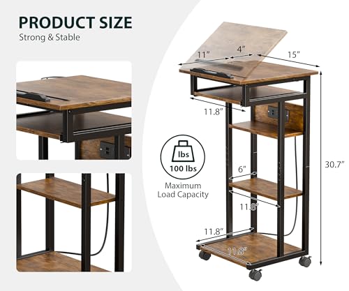 ZIFTY Couch Table with Charging Station and Storage Shelves 360°Swivel End Table with Shelves and Wheels C Shaped End Table for Laptops Tv Tray Side Table for Living Room Bedroom Rustic