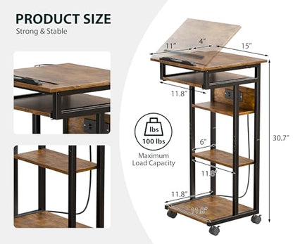 ZIFTY Couch Table with Charging Station and Storage Shelves 360°Swivel End Table with Shelves and Wheels C Shaped End Table for Laptops Tv Tray Side Table for Living Room Bedroom Rustic
