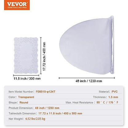 VEVOR Clear Table Cover Protector, 48 inch/1230 mm Round Table Cover, 1.5 mm Thick PVC Plastic Tablecloth, Waterproof Desktop Protector for Writing Desk, Coffee Table, Dining Room Table - size: 48" (Round)