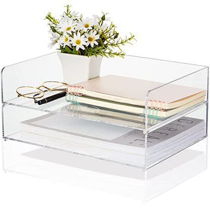 Yulejo 2 Pcs Stackable Acrylic Desk Organizers Paper Tray Storage Tier Accessories Paper File Office Organizer Tray Stackable Document Clear Desk Accessories for Office Workspace Organization