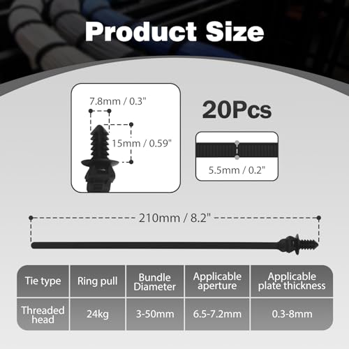 20PCS Push Mount Cable Zip Tie 8.3 x 0.2 inch Self Locking Cable Strap Push Mount Cable Ties Nylon Car Mount Wire Tie Car Fastener Cable Clips Wraps for Indoor Wire Tying - size: 20 Pcs