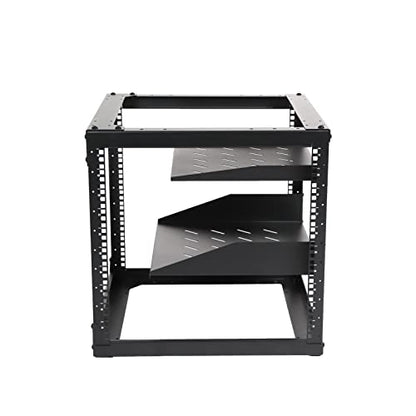 AEONS 10U Open Frame Network Server Rack 19-inch 4 Post AV Rack with Casters for Floor Standing and Wall Mount, Side Load for Extra Depth– Complete Kit with 1U and 2U Vented Shelves, Black - style: 10U-Kit
