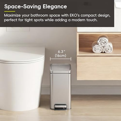 EKO Small Bathroom Trash Can with Lid Soft Close, Step Pedal, 6 Liter / 1.6 Gallon Stainless Steel Garbage Can with Removable Inner Bucket, Anti-Fingerprint Finish (Silver) - color: Stainless Steel, size: 6L