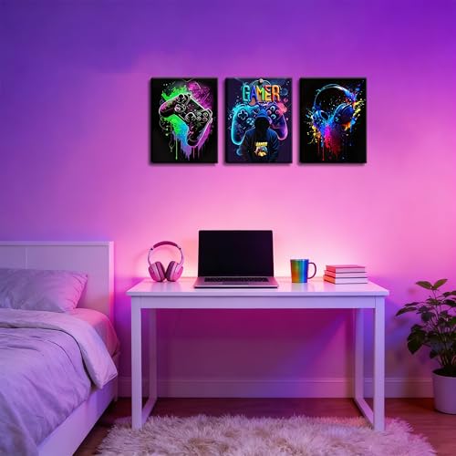 Cool Gaming Wall Art Canvas Print Set of 3, Retro Video Game Gamers Picture, Gamer Painting Wall Decor for Teen Boys Room, Colorful Neon Gamepad Art for Boys Home Decoration 12x16 inch Framed - color: Cool Black Game Canvas, size: Canvas 12x16 inch