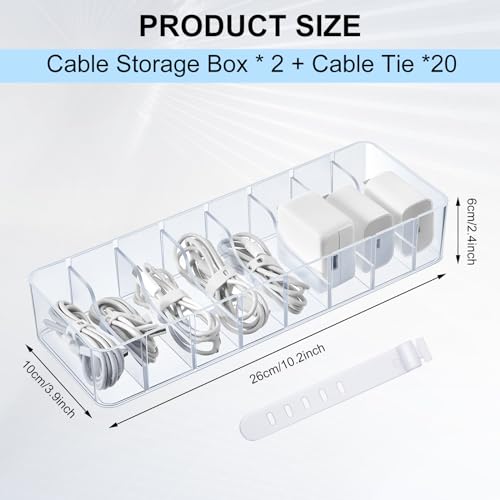 Tatuo 2 Pcs Cable Organizer with 20 Wire Ties, Plastic Cord Storage Charger Box Electronics Organizer with Adjustment Compartments Cable Storage for Drawer Home Office Desk Accessories (Clear) - color: Clear