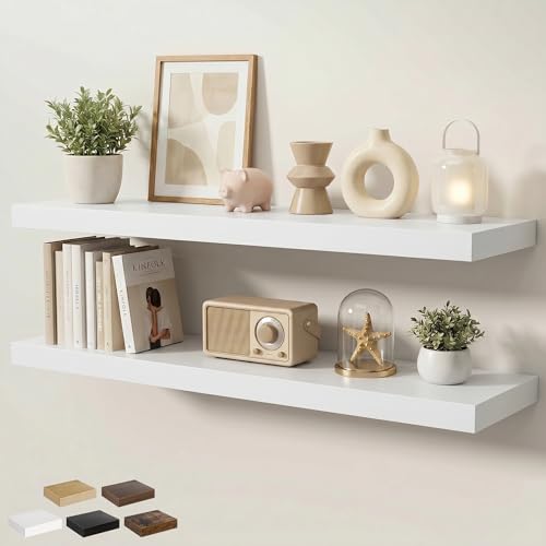Floating Shelves for Wall 48 in x 9.3 in Deep, Wall Mounted Rustic Wood Shelf with Invisible Brackets for Storage & Display, Living Room Bedroom Bathroom, White, 2 Pack - color: White, size: 48 Inch, 2 pack