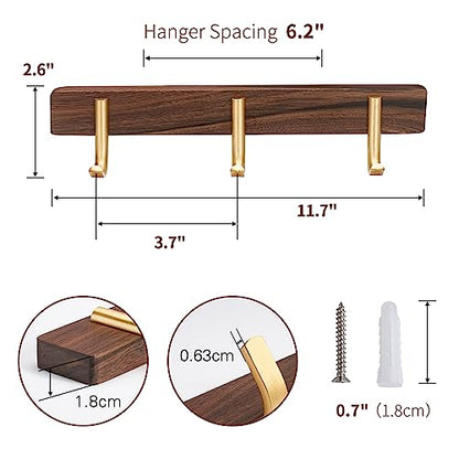 Wall Mounted Coat Rack, Entryway Hanging Coat Rack, Metal Wood Coat Rail with 3 Rustic Hooks Rail for Coat, Scarf, Bag, Towel, Key, Cap, Hat, Walnut Gold Matt - size: 3 Hooks - J Shape