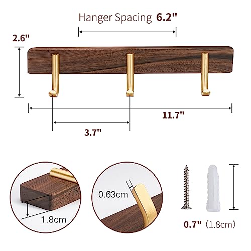 Wall Mounted Coat Rack, Entryway Hanging Coat Rack, Metal Wood Coat Rail with 3 Rustic Hooks Rail for Coat, Scarf, Bag, Towel, Key, Cap, Hat, Walnut Gold Matt - size: 3 Hooks - J Shape