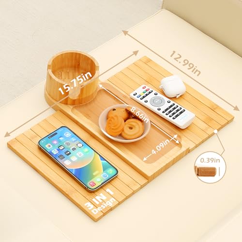 Couch Cup Holder Tray, 15.75" Bamboo Cup Holder for Couch, 3 in 1 Foldable Arm Chair Clip on Side Tray Table for Remote Snack Table on Armrest - color: Bamboo