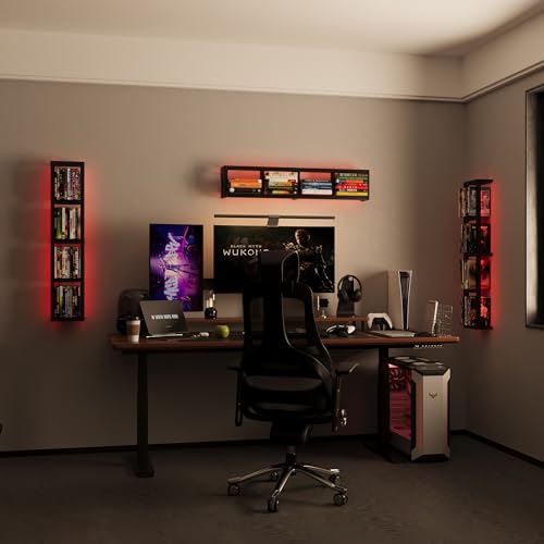 Kikihouse Wall-Mounted CD Storage Shelf with DIY LED Strip, Floating Media Storage Rack with Hooks, Cube Organizer for Video Games Set of 3