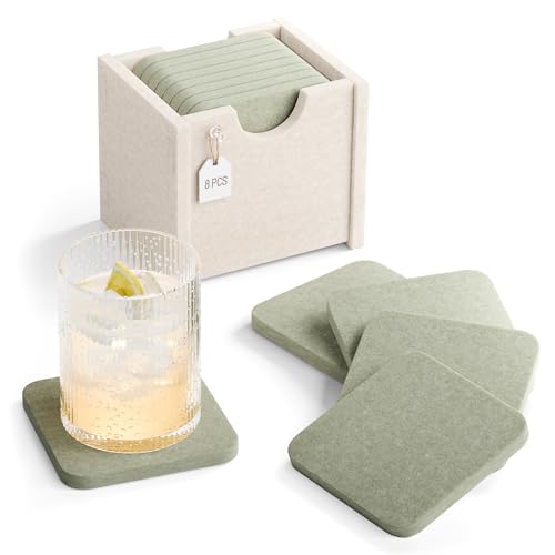 Fluxynara Felt Coasters for Drinks, Set of 8 Absorbent Coasters with Holder, Heat-Resistant & Reusable Square Design for Coffee Table & Living Room, 3.94 Inch, Sage - color: Sage, size: Square - 8 Count