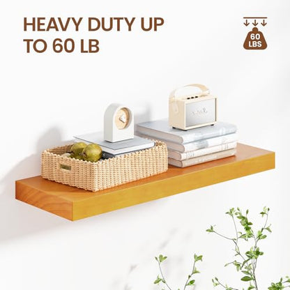 Heimlove Pine Wood Floating Shelves, 8 Inch Deep Real Wood Shelves Set of 2, Wall Mounted Rustic Wood 24x8 Floating Shelf with Invisible Brackets for Bedroom Kitchen Living Room - Honey Oak - color: Honey Oak, size: 24”Wx8”Dx1.6”H