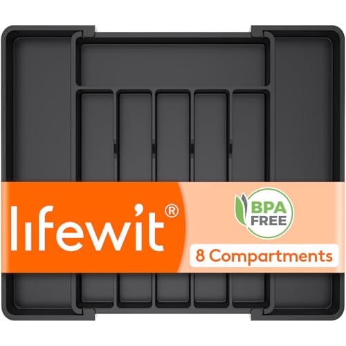 Lifewit Silverware Drawer Organizer, Expandable Utensil Tray for Kitchen, BPA Free Flatware and Cutlery Holder, Adjustable Plastic Storage for Spoons Forks Knives, 11-18 x 14", Black - color: Black, size: Large (11-18''W x 14''D)