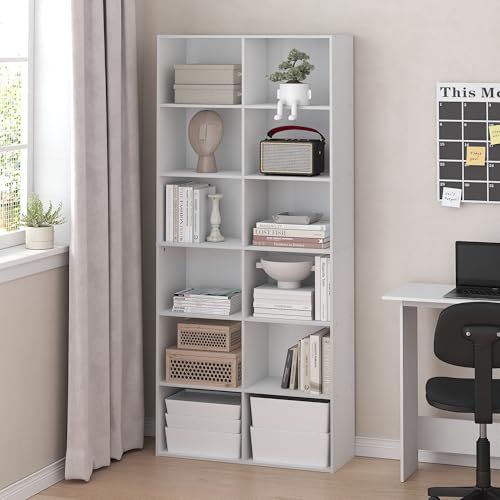 Furinno Basic Book Shelf, 12-Cube Bookshelf, Bookcase with Open Shelf, Cube Storage Organizer, 12 x 32 x 71, for Living Room, Home Office, White - color: White, size: 12-Tier, 12 x 32 x 71