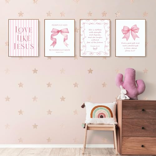 LARTSFRO Coquette Pink Bow Jesus Wall Art Decor Posters, Light Pink Bow Christian Room Bedroom Bathroom Dorm Wall Art Decor Aesthetic for College Teen Girls Gifts, Inspirational Bible Verses Bow Wall Decor, 10x8 Inch Set of 4 Bow Pictures (UNFRAMED) - col