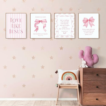 LARTSFRO Coquette Pink Bow Jesus Wall Art Decor Posters, Light Pink Bow Christian Room Bedroom Bathroom Dorm Wall Art Decor Aesthetic for College Teen Girls Gifts, Inspirational Bible Verses Bow Wall Decor, 10x8 Inch Set of 4 Bow Pictures (UNFRAMED) - col