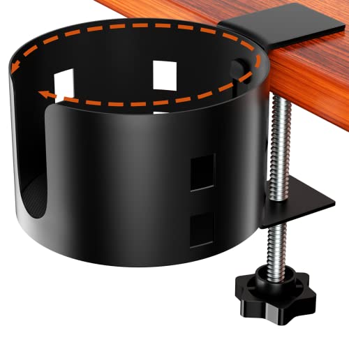 Upgraded Large Desk Cup Holder Clamp, OOKUU Anti-Spill Table Cup Holder, Metal Office & PC Gaming Desk Accessories, Compatible with Universal Cup, Bottles, Pencil Holder (Black) - color: Black, size: 1 Pack, 3.95 inch