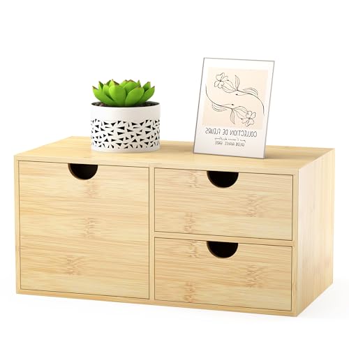 Wisuce Desk Organizer with Drawers - Bamboo Desktop Organizer Storage | White-Natural Wood Desk Drawers Organizer for Bills, Office Supplies, Cosmetics, Seals No Assembly Required(3 drawers edge-free) - color: Natural-3 Drawers Left Right, size: 12.99”L x