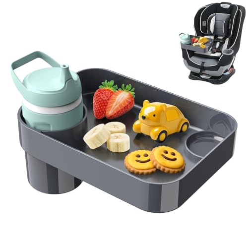 Car Seat Snack Tray for Toddlers - 3 Inch Cup Holder Fits Most Sippy Cups & Straw Bottles with Dip Well, Mess-Free Square Kids Travel Tray Road Trip Essentials, Dark Grey - color: Dark Grey