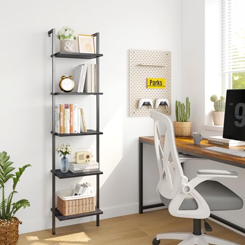 ELYKEN Ladder Shelf, 5-Tier Wood Wall Mounted Bookshelf with Metal Frame, Vintage Open Display Organizer Rack, Leaning Storage Shelves for Living Room, Bedroom, Home Office, Black - color: Black