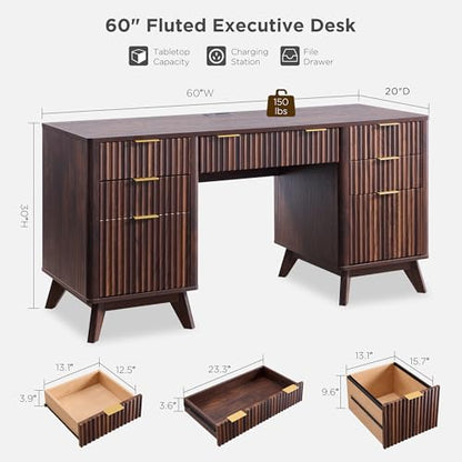 T4TREAM 60'' Fluted Executive Desk with Drawers, Modern Home Office Computer Desk with Charging Station, Keyboard Tray, File Drawer and Storage Cabinet for Study, Living Room, Bedroom, Dark Walnut - color: Dark Walnut